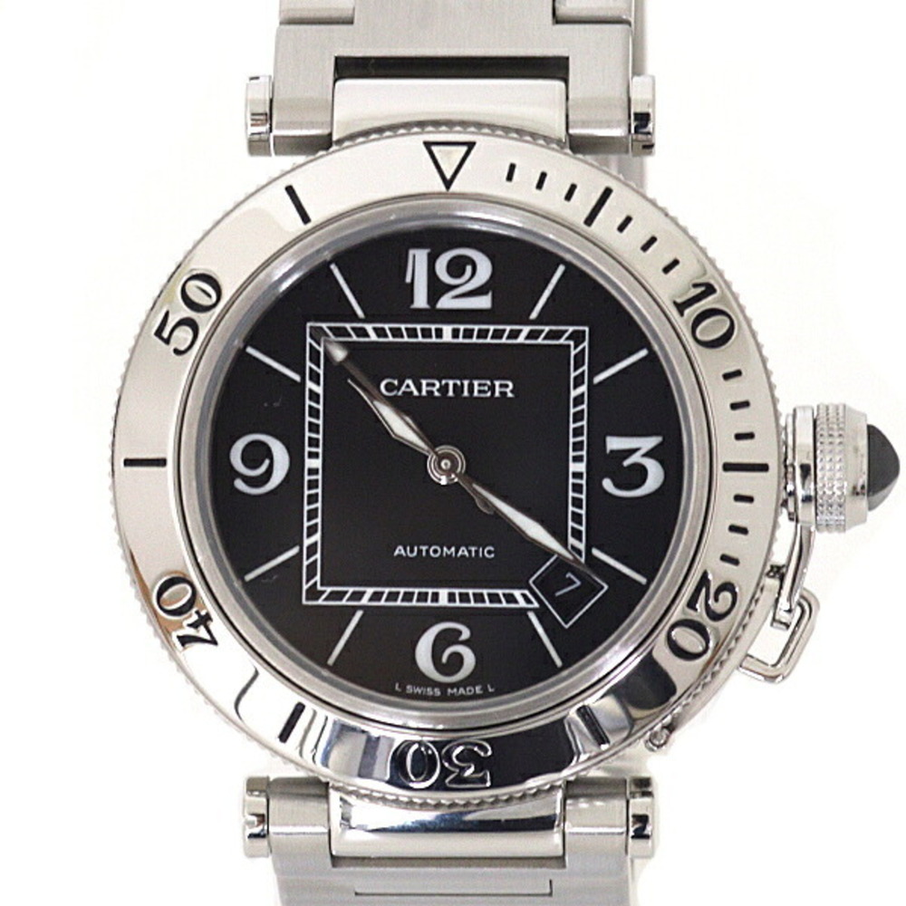 Cartier Pasha Seatimer W31077M7 Men's Watch, Black Dial, Stainless Steel, Aut...